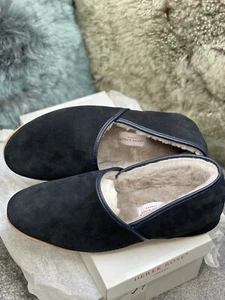 Derek Rose Crawford Suede Sheepskin Handmade Men's Slippers, Navy
