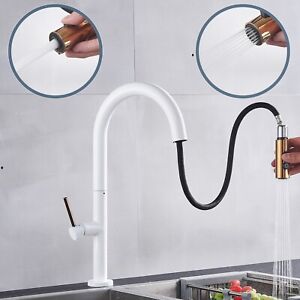 White Gold Kitchen Faucet Pull Down Single Handle High Arc Brass Sink Tap Modern