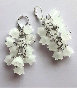 WHITE FLOWER CLUSTER Long Dangle wedding mothers day earring SP LEVER BACK - Picture 1 of 4