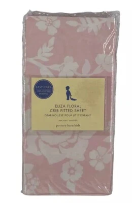 New Pottery Barn Kids ELIZA Floral Pink Cotton Crib FITTED SHEET White Flowers - Image 1 of 4