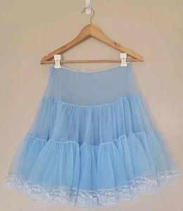 Vtg Blue Petticoat Slip Skirt Sz M L Tiered Ruffle Square Dance Full Swing Lace - Picture 1 of 11