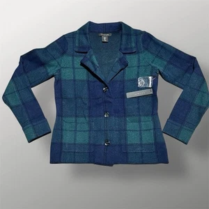 Tahari 3 Button Blazer Jacket Women's M Blue Green Plaid Academia Career Preppy - Picture 1 of 9
