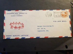 LETTUCE 1952 AD Postal History Cover SCHOENBURG PRODUCE Co, SALINAS, CA to IN - Picture 1 of 2
