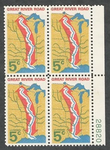 US. 1319. 5c. Mapa con Great River Road. Bloque de placas de 4. MNH. 1966 - Imagen 1 de 2