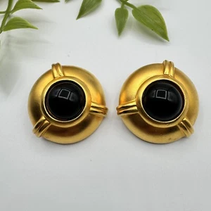 Ben-Amun Gold Tone Black Glass Cabochon Modernist Clip-on Earrings - Picture 1 of 7