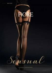 FIORE SATINE FISHNET BOW SEAM GARTER STOCKINGS 3 SIZES EUROPEAN HOSIERY BLACK - Picture 1 of 6