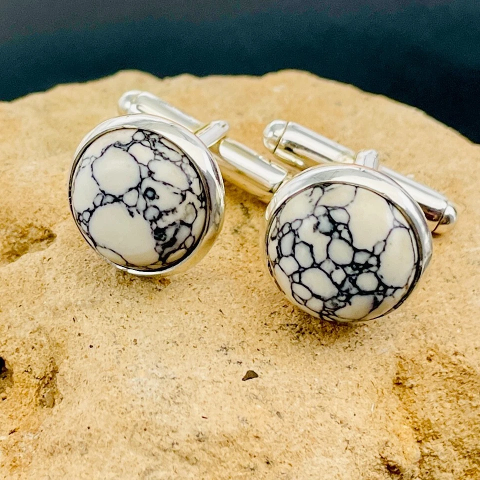 Gemelos Howlita Blanca De Colección - Piedra Redonda De Plata De Ley, Accesorio Clásico Foto 1 de 4