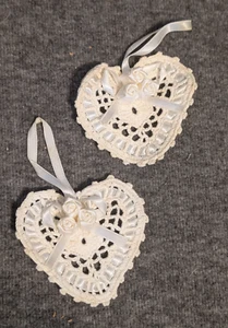 2 Heart Shaped Crocheted Doily with Roses & Ribbon White Ornaments Christmas - Picture 1 of 11