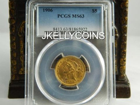 1906 GOLD US $5 DOLLAR LIBERTY HEAD HALF EAGLE COIN PCGS MINT STATE 63 Cover
