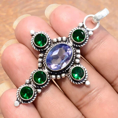 Purple Oval Amethyst & Chrome Diopside Jewelry Cross 925 Sterling Silver Pendant - Image 1 of 4