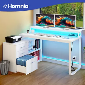 55" L Shaped Office Computer Desk File Drawer Shelf W/ LED Lights & Power Outlet - Picture 1 of 11