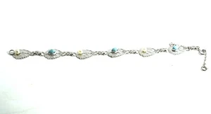 Vintage Wells Sterling Silver Pearl & Turquoise Leaf Design Link Bracelet - Picture 1 of 9