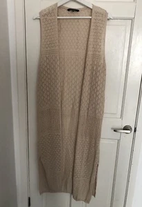 Peacocks Longline Cardigan Women M Open Lagenlook Beige Cotton VGC - Picture 1 of 3