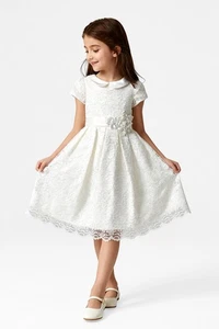 Flower Girls Floral Lace Dress Peter Pan Collar Ivory Communion Dress Ages 1-14 - Picture 1 of 2