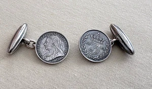 Vintage Queen Victoria 1893 3 Penny Pence Coin Silver Cufflinks - Picture 1 of 4