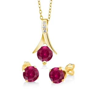 18K Yellow Gold Plated Silver Created Ruby Pendant and Earrings Jewelry Set For - Picture 1 of 4