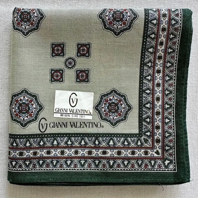 Vintage Handkerchief Green Cotton Geometric Medallion Pattern Pocket Square 18" - Image 1 of 3