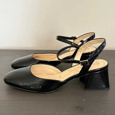 Bombas femininas Jessica Simpson preto patente slingback salto bloco tamanho 8.5 - Imagem 1 de 4