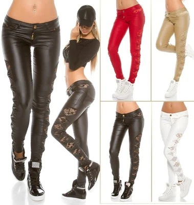 Koucla Lederlook Hose Damen Hose mit Spitze & Schleifen