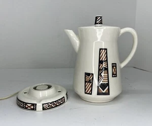 Vintage Aztec Geometric Tea Kettle Pot W/ Electric Base Porcelain WORKS - Picture 1 of 17