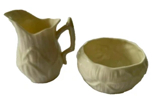 Irish Belleek Lily White Creamer Sugar Set 1 Green 1 Gold Mark Yellow Handle - Picture 1 of 7