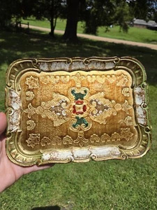 VTG Old World Italian Wooden Resin Florentine Tray Gold Green Red Gilded LP - Picture 1 of 6