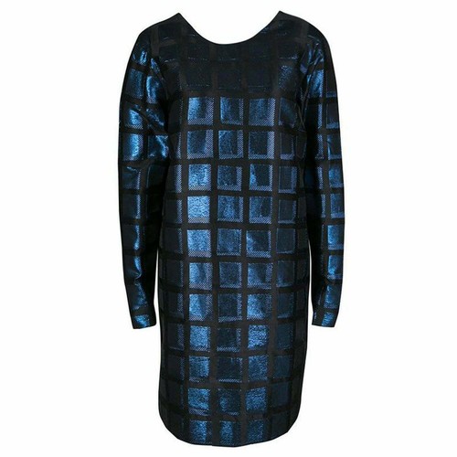 Abito Kenzo blu nero M FR 38 jacquard quadrato metallizzato manica lunga a turni £500