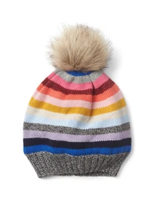 GAP GIRL'S GRAY CRAZY STRIPE POM POM BEANIE ORG. $34.95 SMALL/MEDIUM BNWT  - Picture 1 of 1