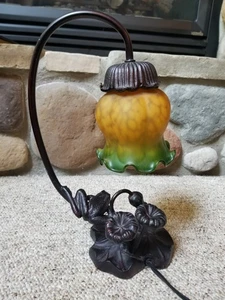 VTG Black Iron & Glass Table Lamp Lily Pad Frog Shepherd Hook Cabin Cottage 13" - Picture 1 of 22