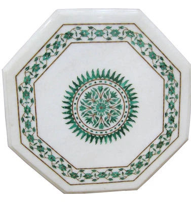 18" White Marble Coffee Table Top Malachite Inlay Home And Garden - Image 1 of 2