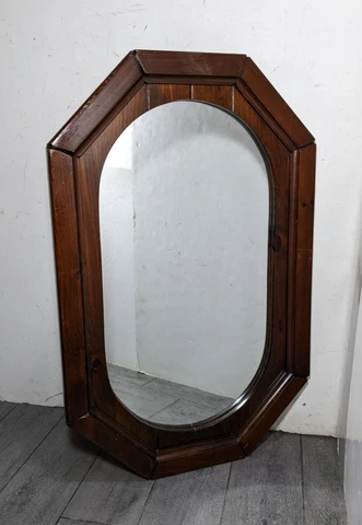 Vintage Rustic Farmhouse Solid Pine Wood Octagonal Wall Mirror Old Tavern Style Cover