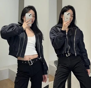 ZARA NAVY PINSTRIPE OVERSIZED PADDED BOMBER JACKET WITH MULTI ZIP CROP COAT - Picture 1 of 24