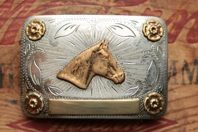 Vtg Renalde Nickel Silver Horse Head Flowers Western Cowboy Cowgirl Belt Buckle - Image 1 of 3