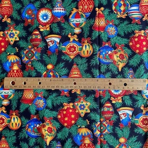 1 YD Ornament Print Fabric Black Christmas Cotton Print - Picture 1 of 7