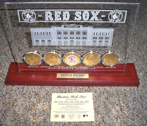 RED SOX WORLD SERIES CHAMPIONS 24KT 5 GOLD COINS HIGHLAND MINT SET DISPLAY/STAND - Picture 1 of 5