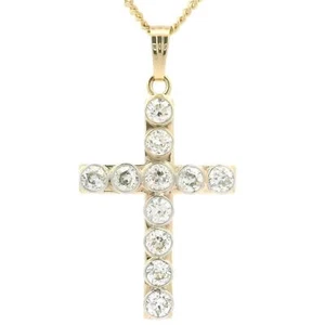 Antique 14k Gold & Platinum 4.63ctw Bezel Diamond Large Cross Pendant Necklace - Picture 1 of 9
