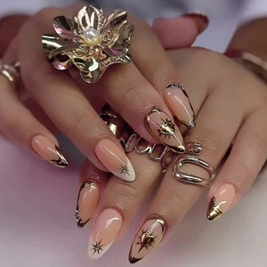 24pcs Almond Press On Nail Medium French 3D Acrylic Nail Manicure Nail Accesory - Picture 1 of 8