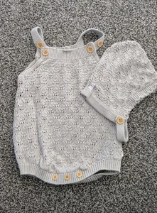 Infant Baby Knitted Romper Cotton Sleeveless Taupe With Bonnet/Hat Size 6 months - Picture 1 of 1