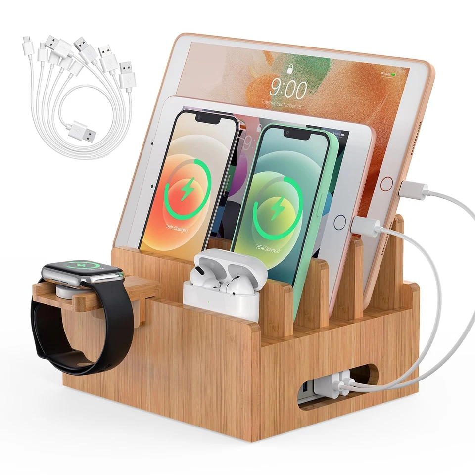 Bamboo Charging Stations for Multiple Devices Desk Docking Station Organizer 4