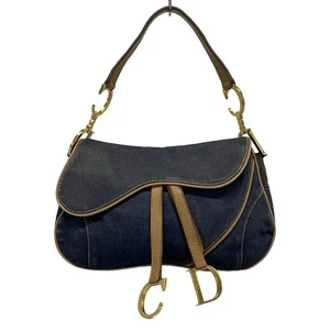 Auth DIOR/ChristianDior Double Saddle Bag Navy Beige Denim Leather Shoulder Bag - Picture 1 of 20