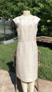 TORY BURCH BEIGE SLEEVELESS FITTED WAIST RAW SILK LOOK CASUAL DRESS Sz 10 - Picture 1 of 16