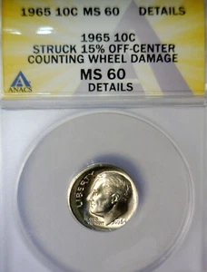 1965 ERROR ANACS MS60 Details Off Center Roosevelt Dime Nice BU + O/C Coin - Picture 1 of 7