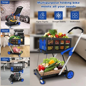 Shopping Folding Trolley Cart Wheels, Double Layer Portable Trolley Shopping Car - Picture 1 of 14