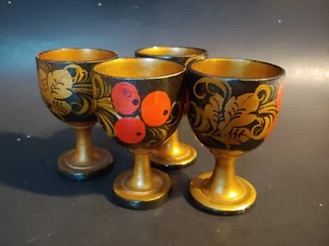 Vtg Cup Goblet Egg Shot Russian Traditional Khokhloma Berry Hohloma Wood Set of4 - Picture 1 of 12