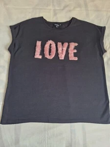 Womens Simply Be Black T Shirt UK14 Faux Fur Love To Front Cap Sleeve NEW - Picture 1 of 8