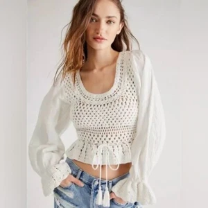 FREE PEOPLE Megan maglia cropped all'uncinetto panna schiena aperta manica lunga media - Foto 1 di 16