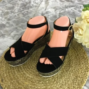 REPORT Peppermint Women Black Strappy Espadrille Wedge Sandal Size 9.5 M - Picture 1 of 7