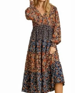 Umgee Womens Midi Dress Size SMALL V-neck Floral Print Smocking - Picture 1 of 10