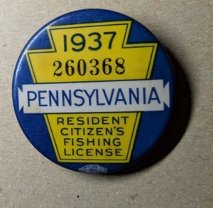 Pin de licencia de pesca de ciudadano residente de Pensilvania 1937 sin titular de licencia de papel - Imagen 1 de 2