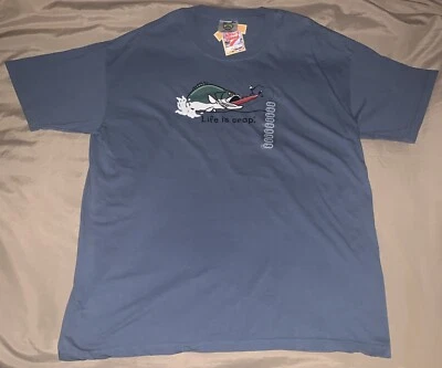NWT Mens Life is Crap Fishing - Fish Eating Boat T-Shirt Adult X-Large Blue - Image 1 of 4
